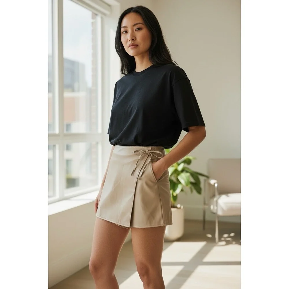 Abercrombie & Fitch Faux Leather Wrap Skort Tan Beige‎ Women's Large